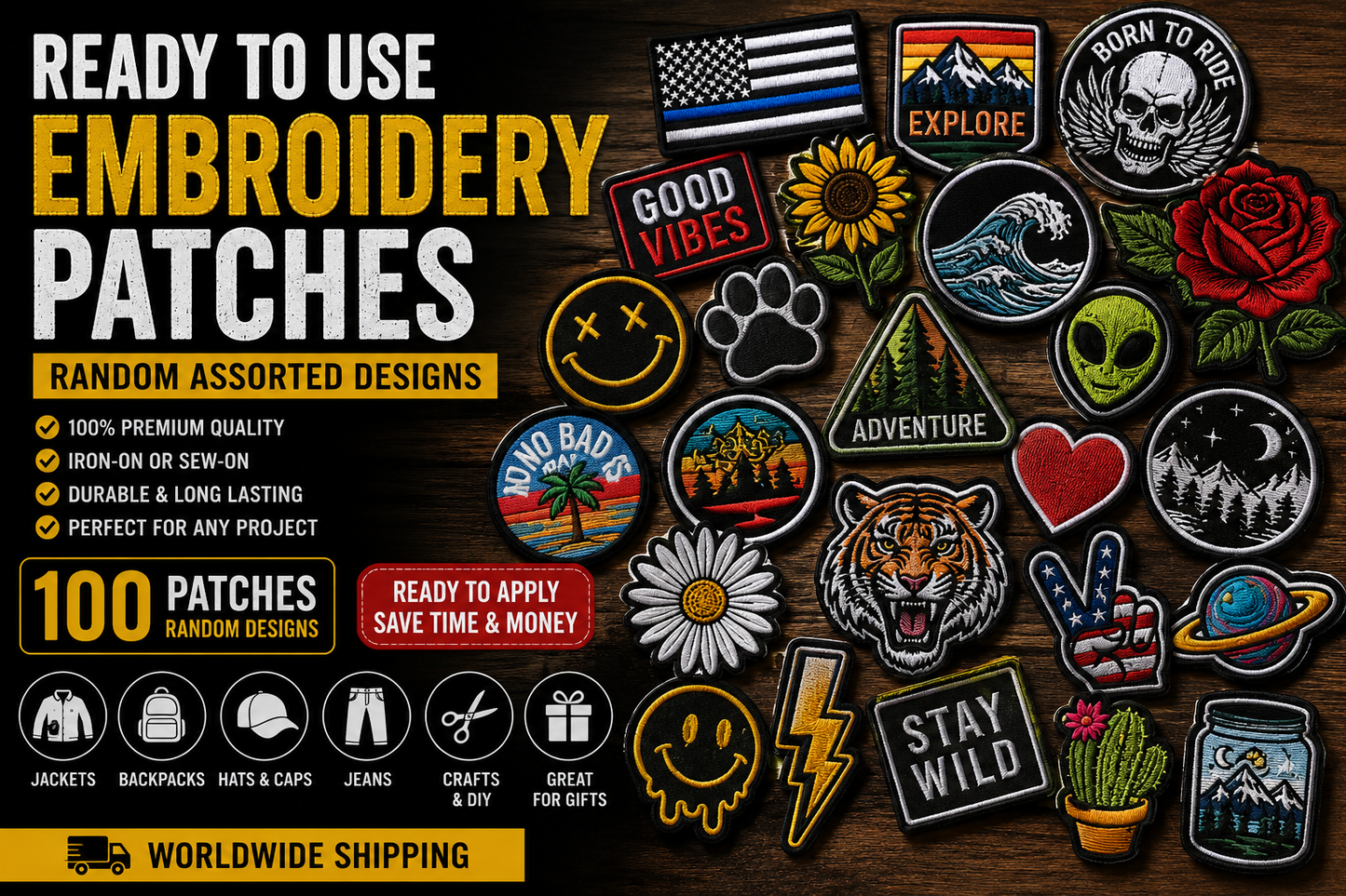 Ready-to-Use Embroidery Patches Pack.100 Patches | Random Designs